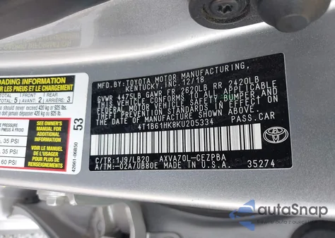 2019 Toyota Camry Xse z USA, uszkodzony, nr VIN 4T1B61HK8KU205334